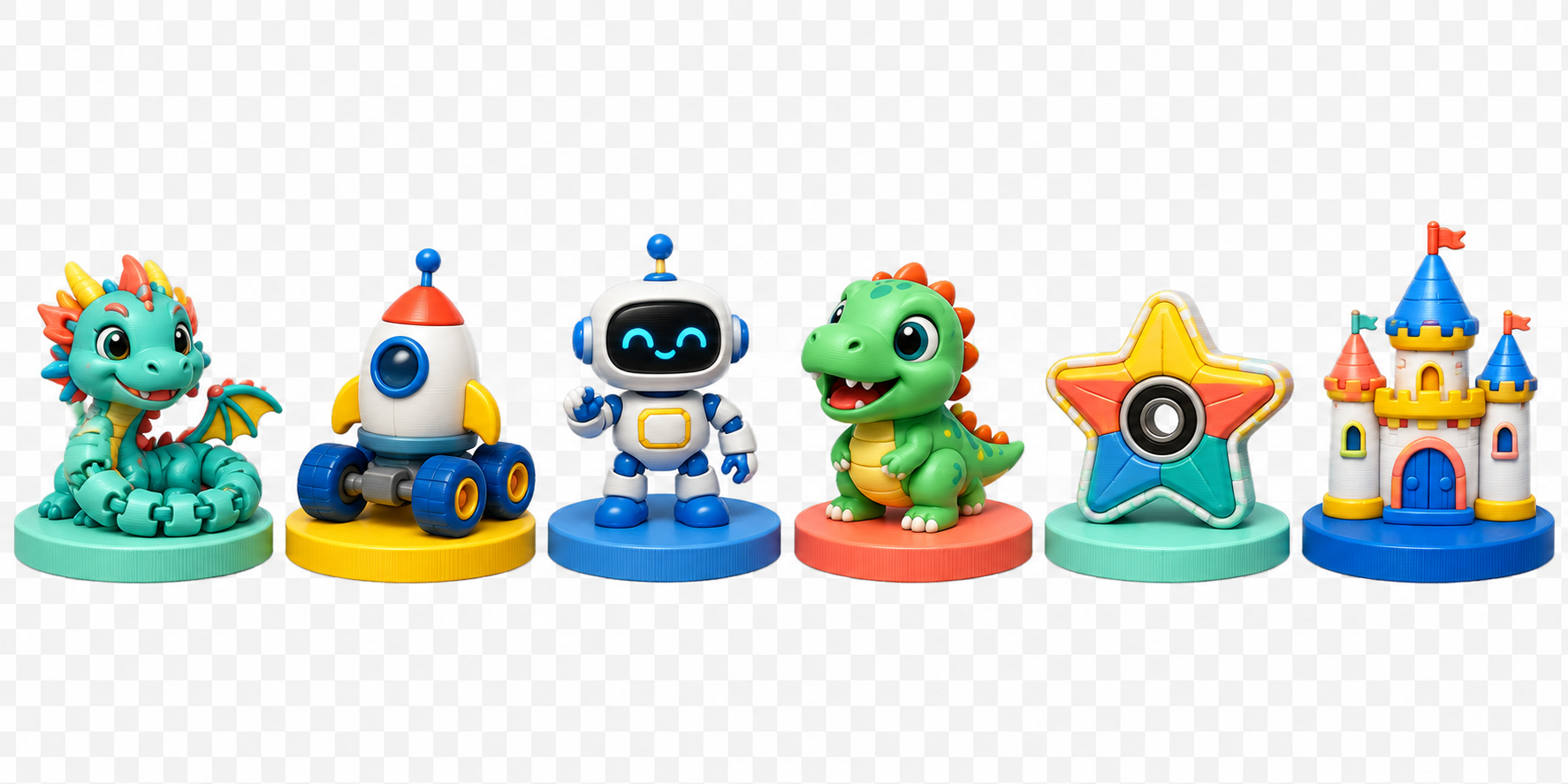 Six colorful 3D-printed toy designs displayed on individual plinths