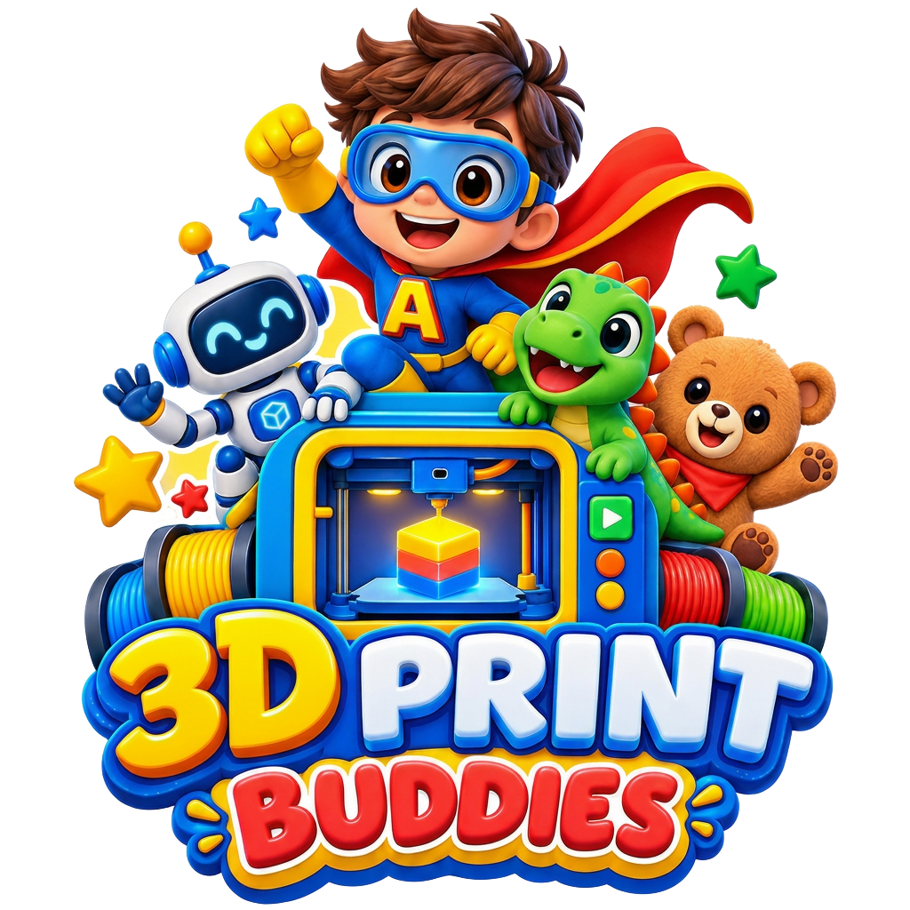 3D Print Buddies superhero with an A emblem, robot, dinosaur and bear around a colorful 3D printer